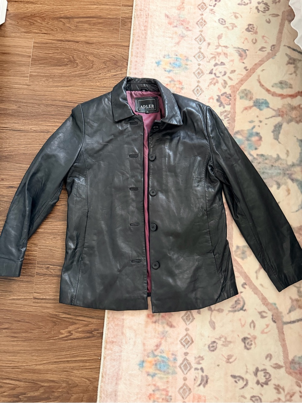 ADLER Black Leather Button-Front Jacket with Burgundy Lining